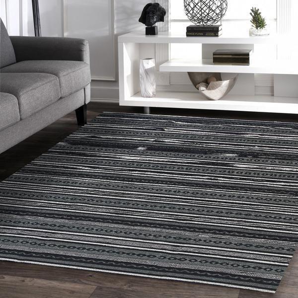 Black Striped Cotton Kathmandu Rug - Nova Rugs