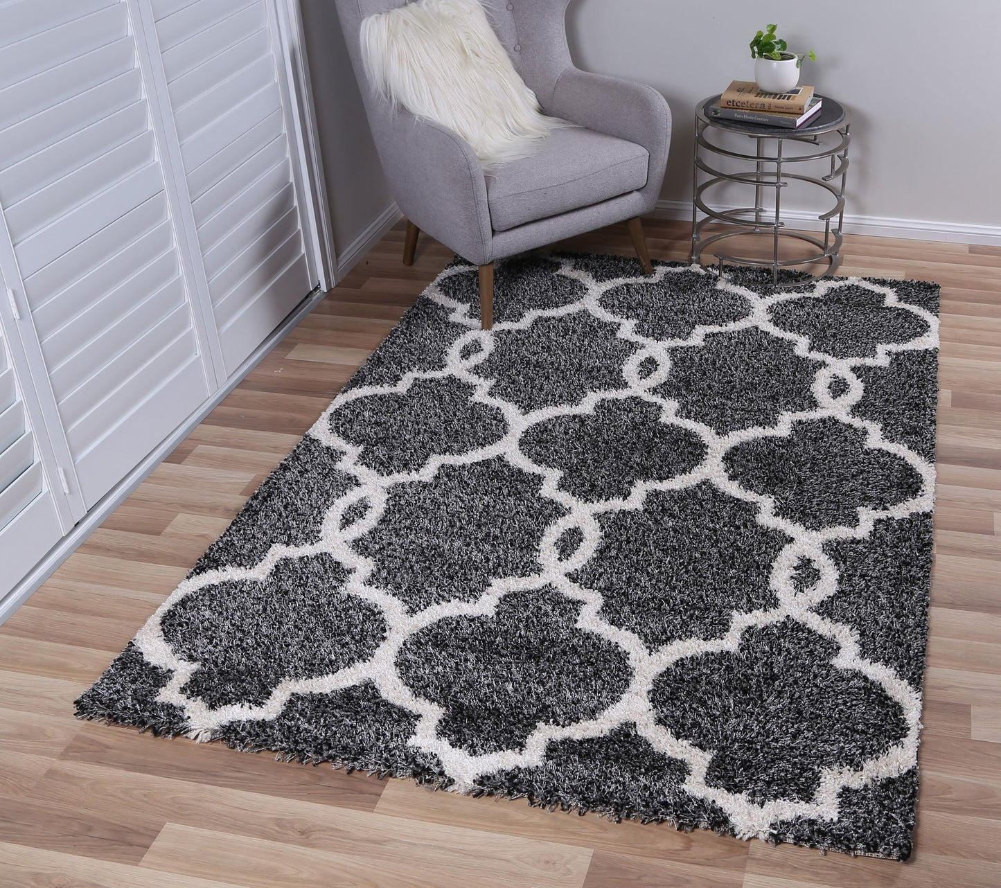 Charcoal & Cream Lattice Power Loomed Rug - Nova Rugs