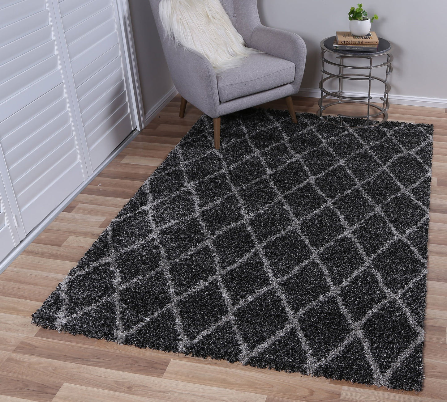 Charcoal Grey Diamond Power Loomed Rug - Nova Rugs