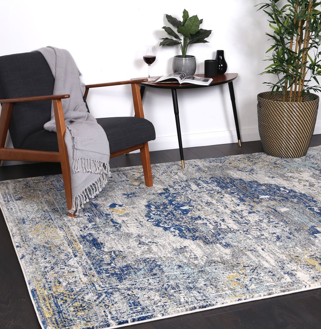 Grey & Navy Blue Delicate Distressed Rug - Nova Rugs