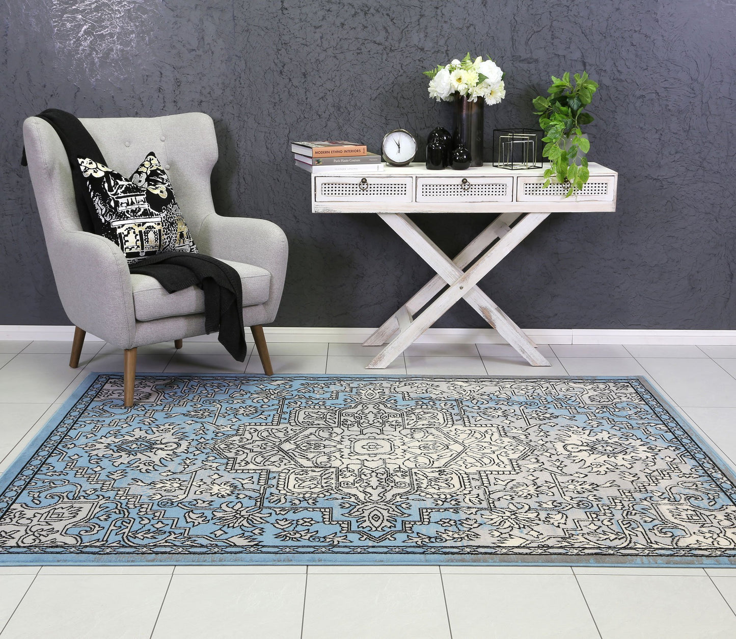 Light Grey & Blue Elise Art Deco Rug - Nova Rugs