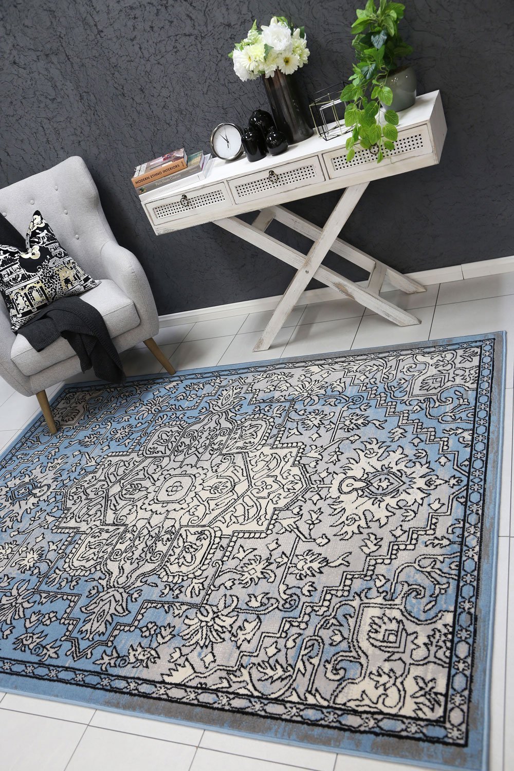 Light Grey & Blue Elise Art Deco Rug - Nova Rugs