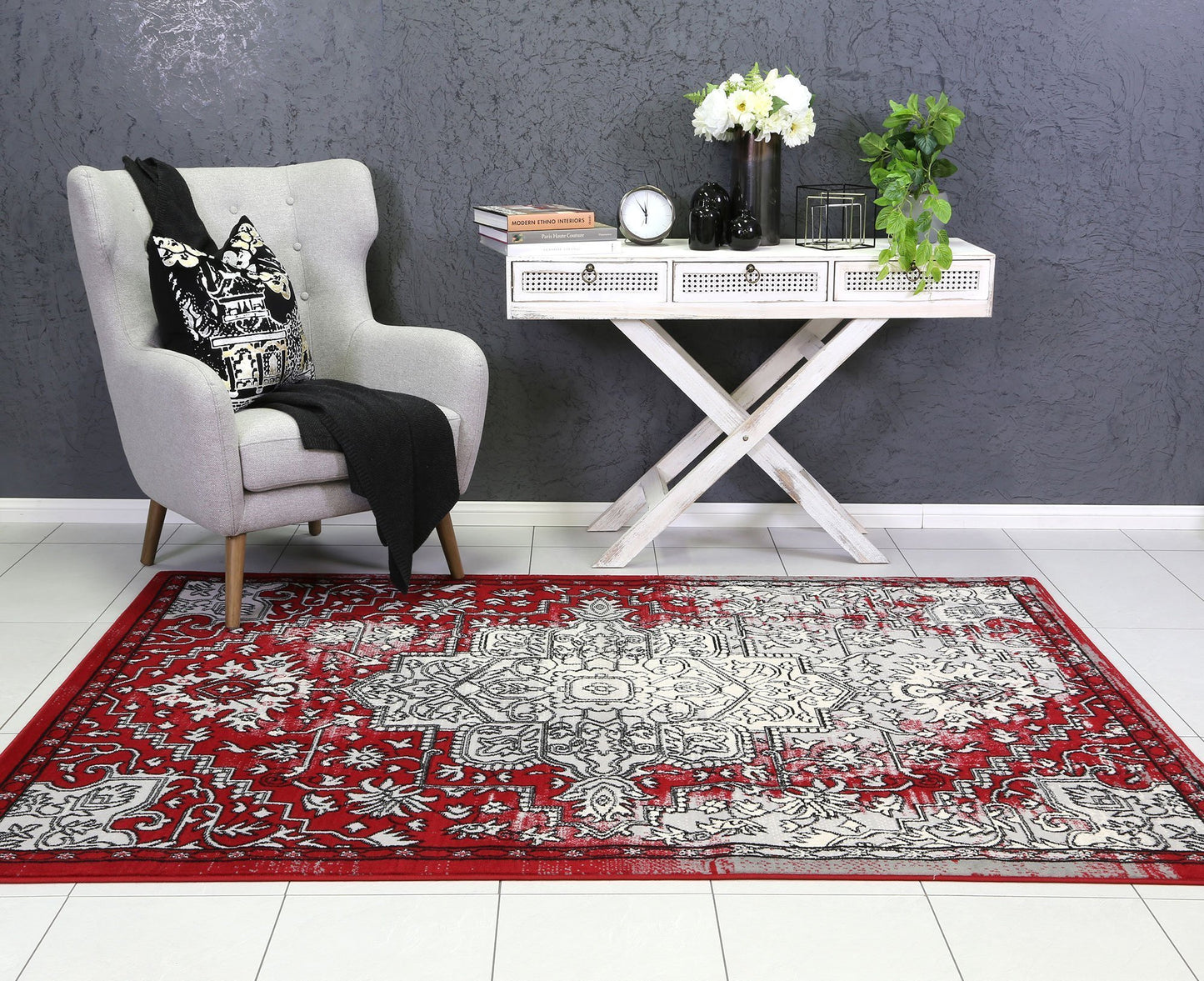 Light Grey & Red Elise Art Deco Rug - Nova Rugs