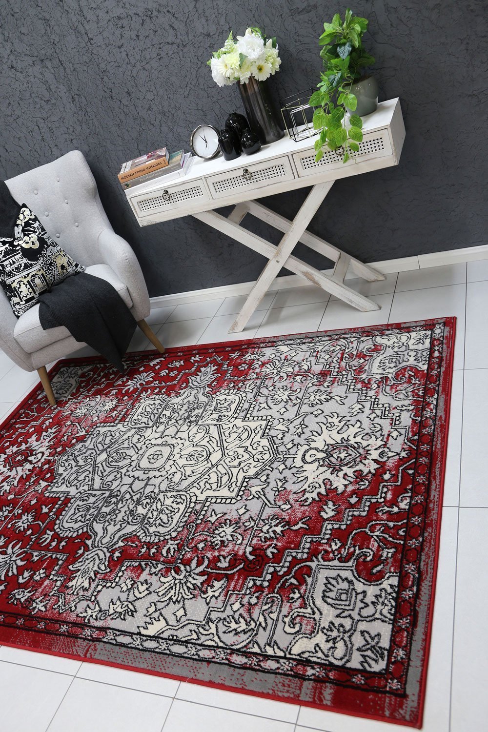 Light Grey & Red Elise Art Deco Rug - Nova Rugs