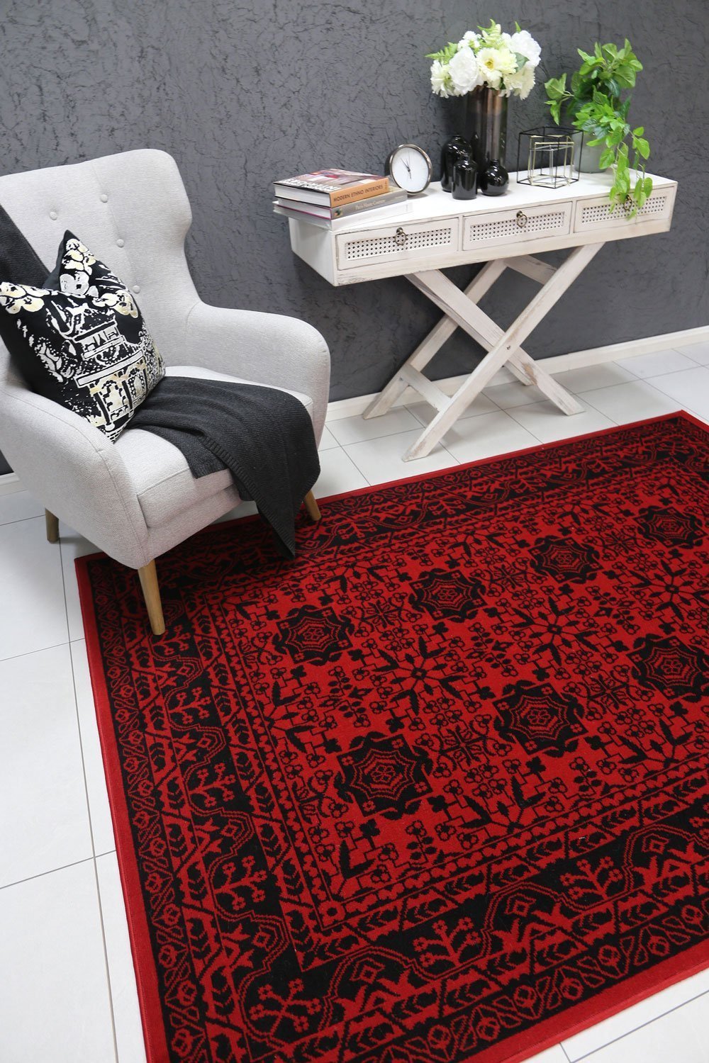 Red & Black Elise Detail Rug - Nova Rugs