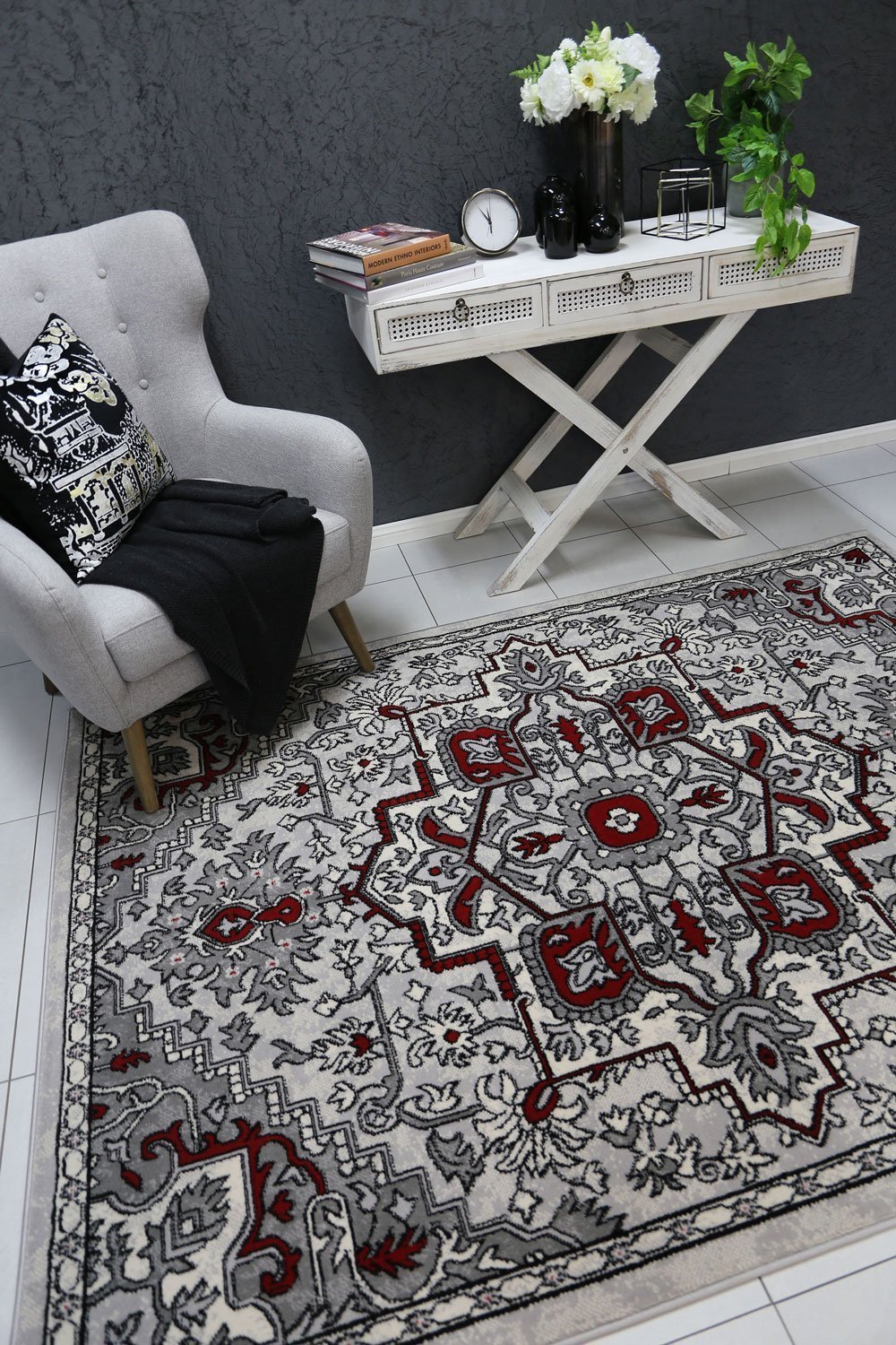Red & Light Grey Elise Art Deco Rug - Nova Rugs