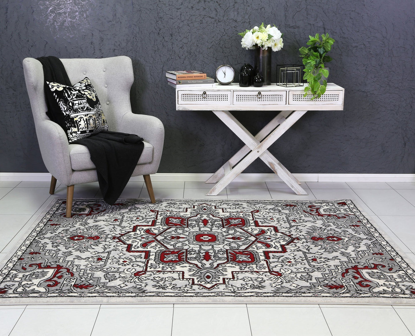 Red & Light Grey Elise Art Deco Rug - Nova Rugs