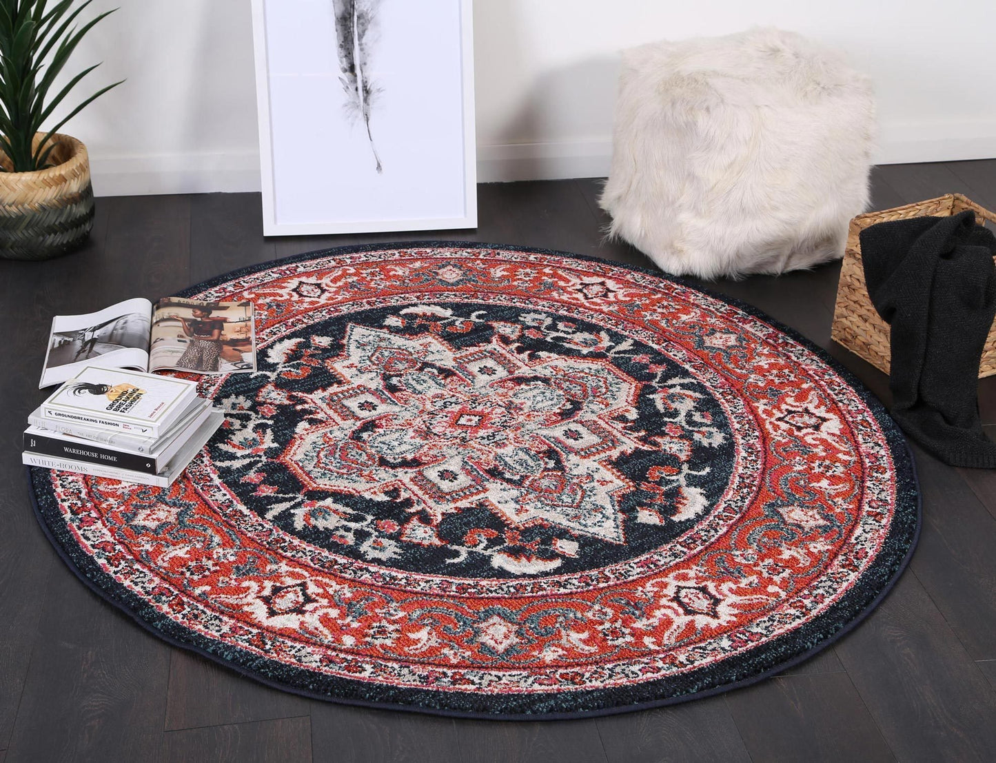 Red & Navy Simone III Round Rug - Nova Rugs