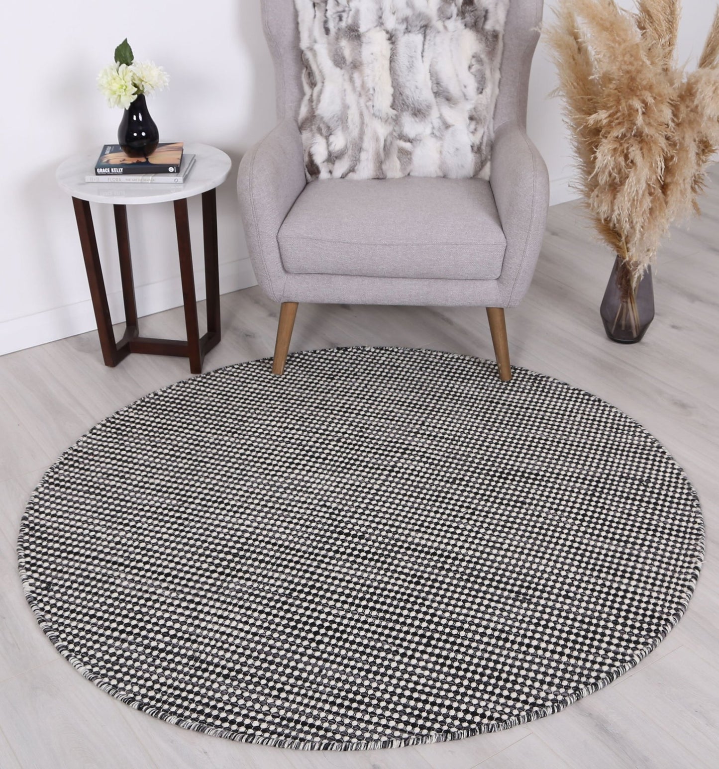 Scandi Charcoal Grey Reversible Wool Round Rug - Nova Rugs