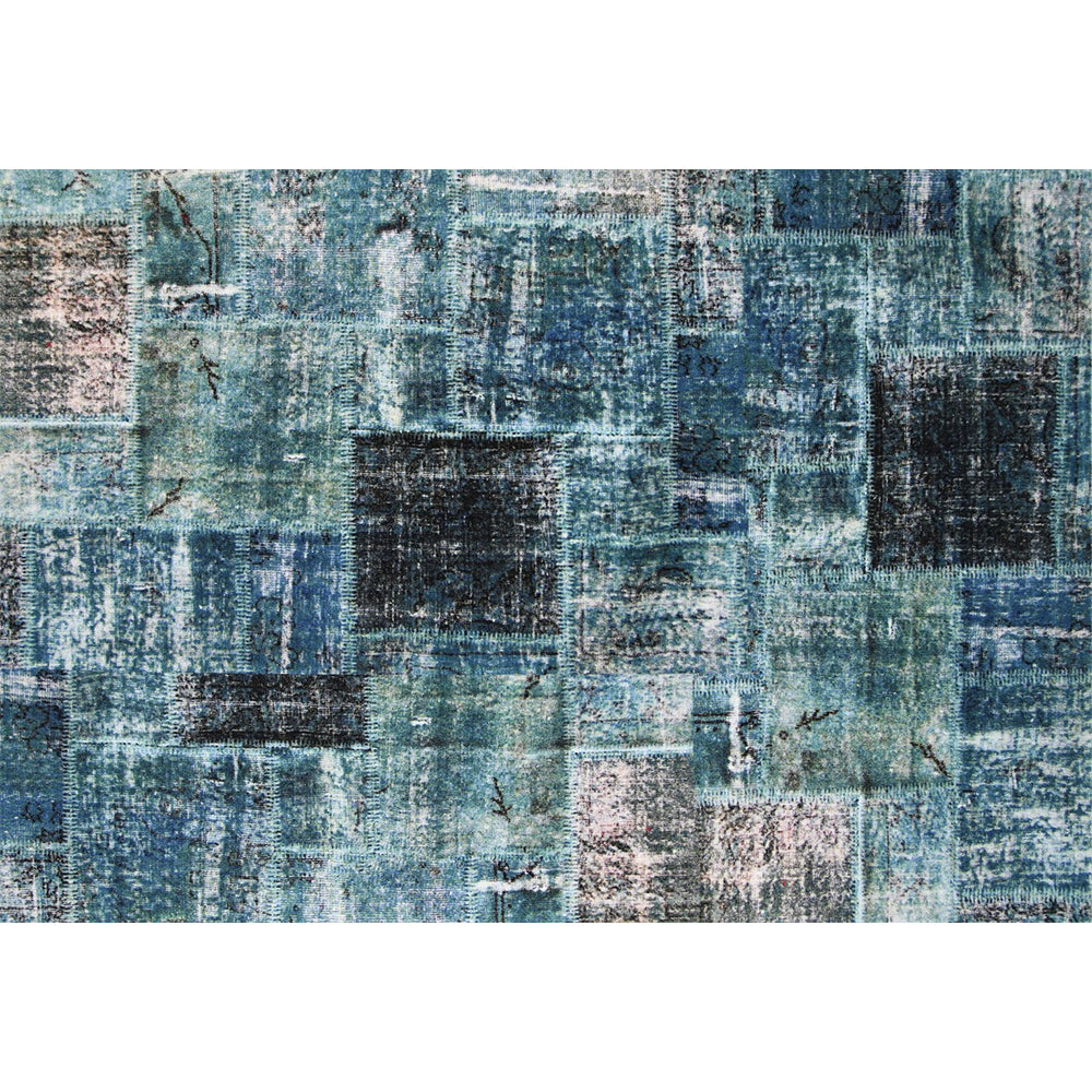 Blue Patchwork Power Loomed Rug