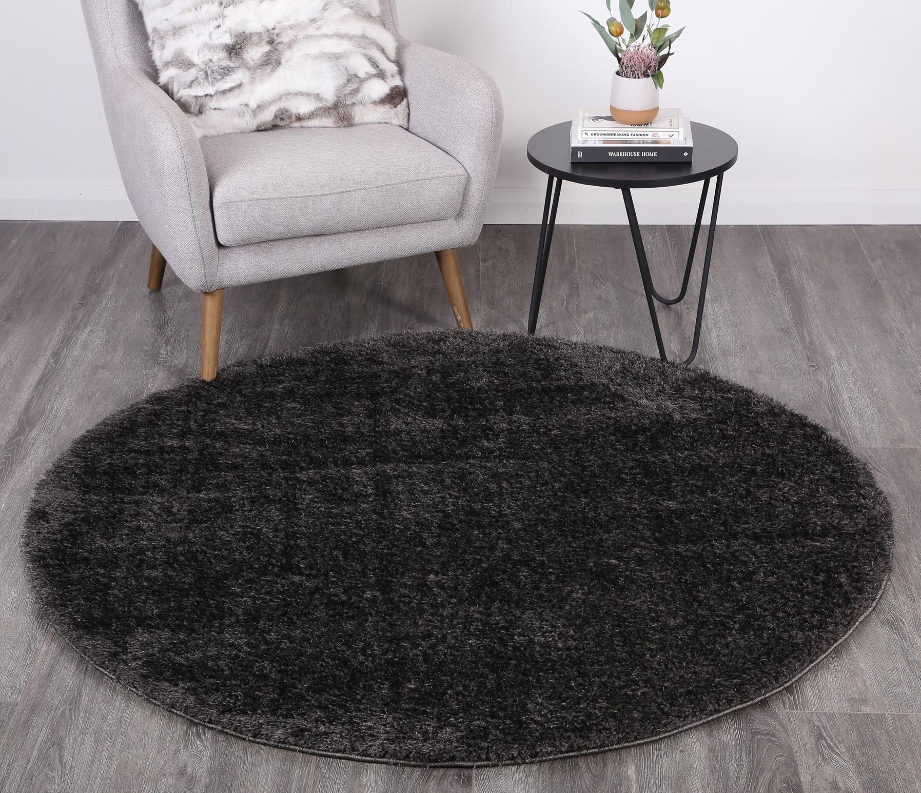 Anthracite Eden Soft Shag Round Rug - Nova Rugs