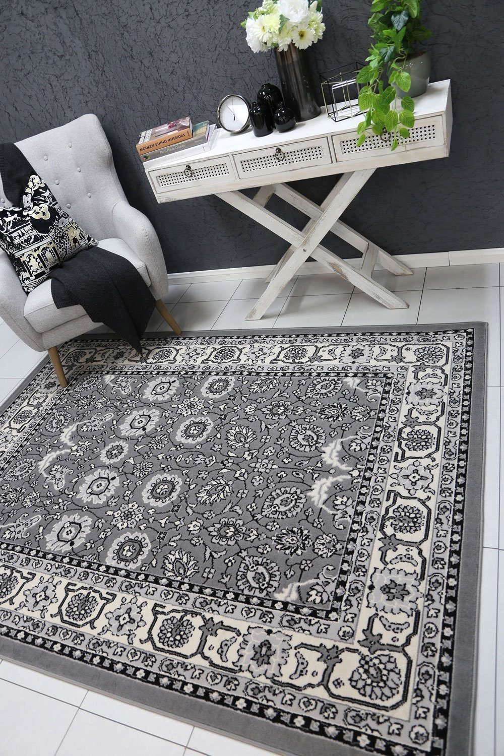 Grey Elise Classic Floral Rug - Nova Rugs