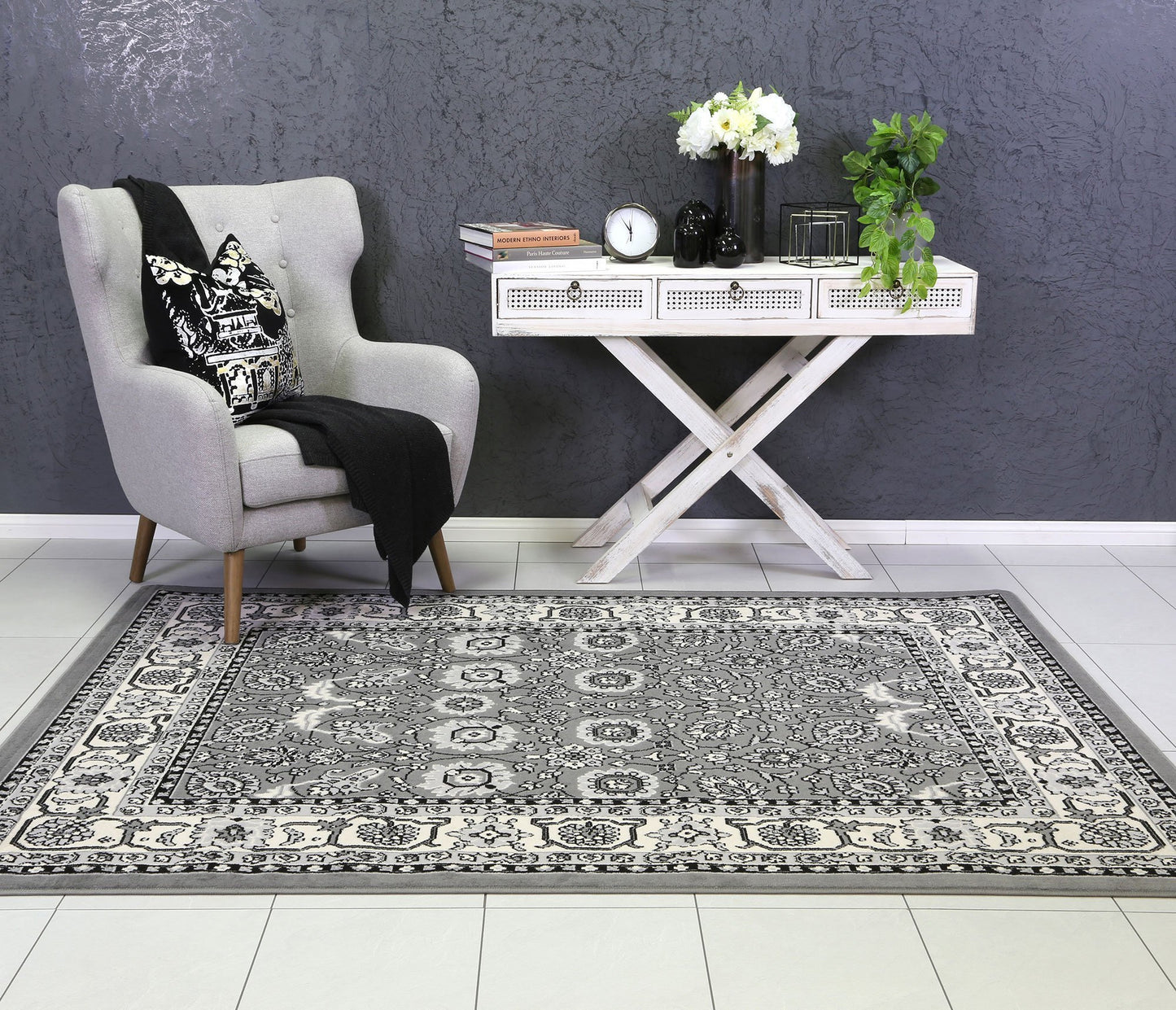 Grey Elise Classic Floral Rug - Nova Rugs