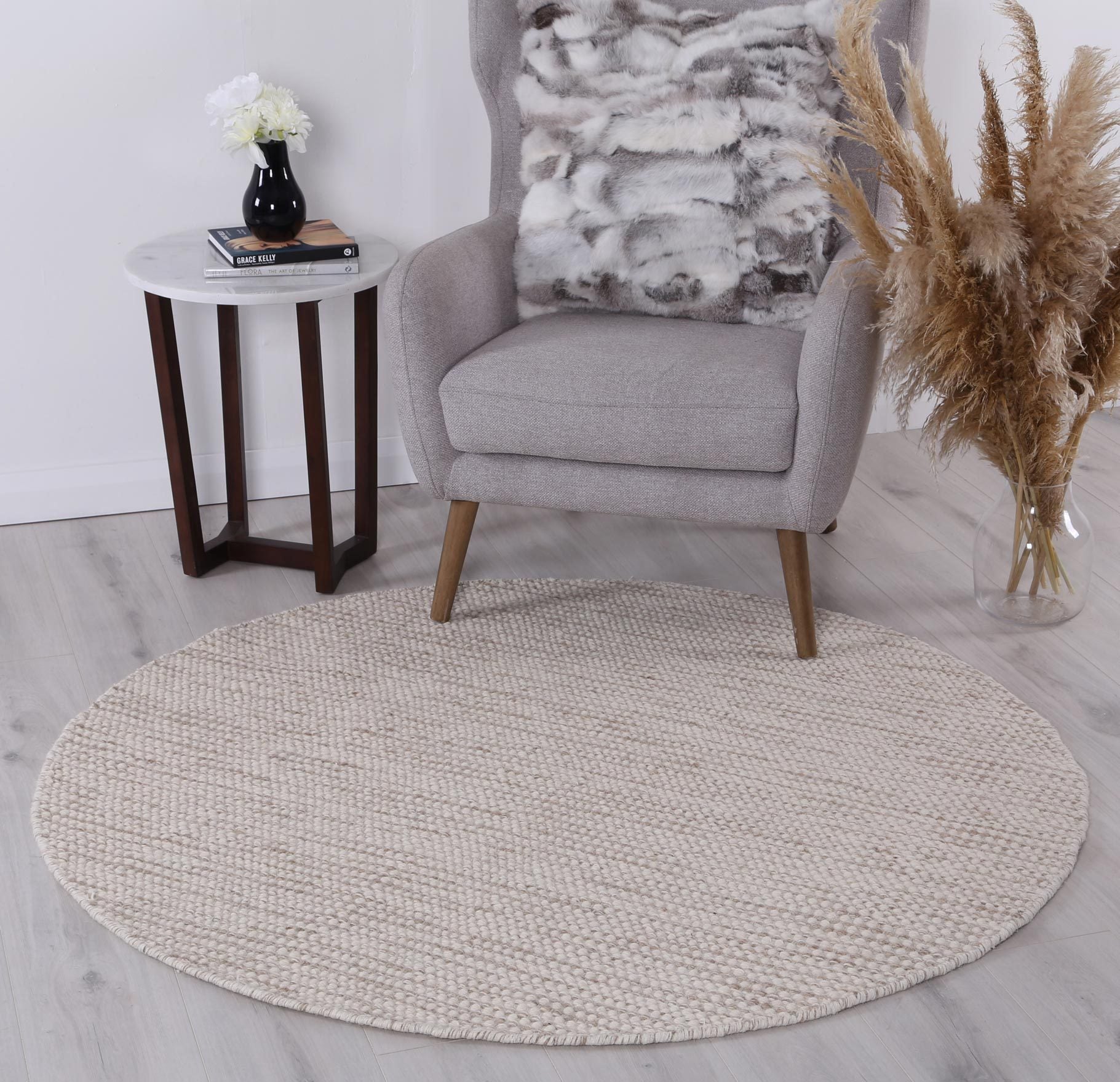 Scandi Beige Brown Reversible Wool Round Rug - Nova Rugs